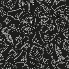 Seamless design elements doodle pattern in white on black.