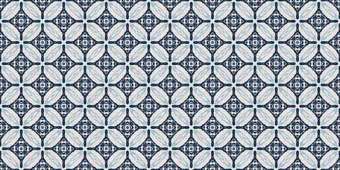 Indigo blue red batik geo nautical seamless border pattern. Modern marin geometric kaleidoscope banner. Nantucket fabric textile style. Summer rustic masculine worn linen effect edging trim tape 