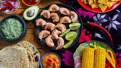 Mexican dishes shrimp appetizer, Guacamole, Salsa sauce, Corn Tortillas, Nachos