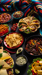 Mexican food at table Burrito, Pico de gallo, Guacamole, Taco, Fajita, Salsa sauce, Corn Tortillas, Nachos, Seafood appetizer