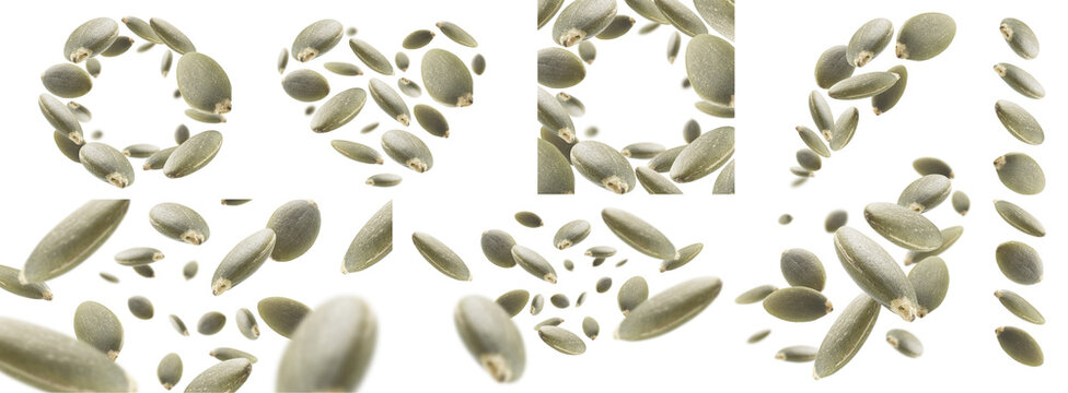 A set of photos. Peeled pumpkin seeds levitate on a white background