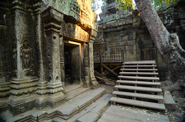 Angkor Wat temple complex, Cambodia. Beautiful view of ruins of the ancient TA Prohm temple, the...