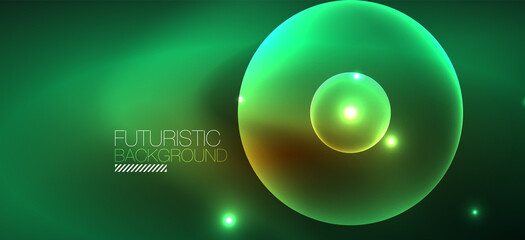 Shiny neon geometric abstract background. Glowing lights on round shapes, triangles and circles. Wallpaper for concept of AI technology, blockchain, communication, 5G, science, business