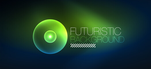 Shiny neon geometric abstract background. Glowing lights on round shapes, triangles and circles. Wallpaper for concept of AI technology, blockchain, communication, 5G, science, business