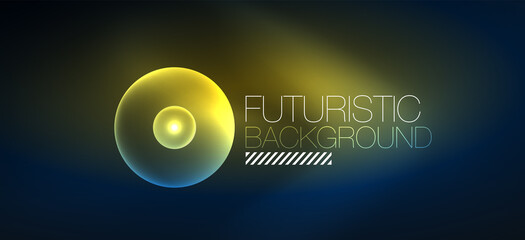 Shiny neon geometric abstract background. Glowing lights on round shapes, triangles and circles. Wallpaper for concept of AI technology, blockchain, communication, 5G, science, business