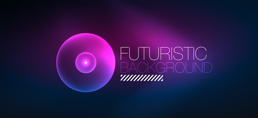 Shiny neon geometric abstract background. Glowing lights on round shapes, triangles and circles. Wallpaper for concept of AI technology, blockchain, communication, 5G, science, business