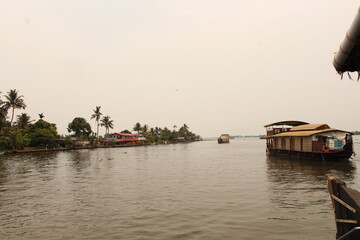 Fototapeta premium Alleppey Back Waters in Kerala, India. Houseboat trips with family