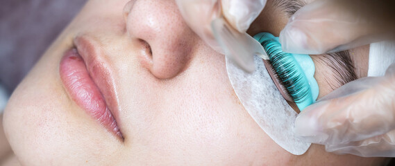 The master combs the eyelashes of a woman with a fish applicator. 