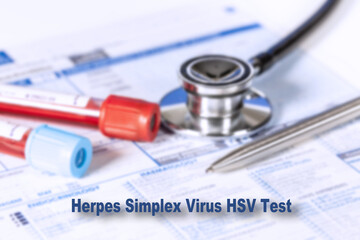 Herpes Simplex Virus HSV Test Testing Medical Concept. Checkup list medical tests with text and stethoscope - obrazy, fototapety, plakaty