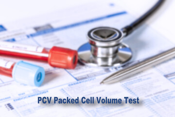 PCV Packed Cell Volume Test Testing Medical Concept. Checkup list medical tests with text and stethoscope