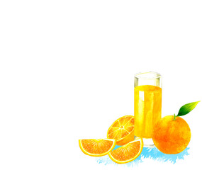 グラスに入ったオレンジジュースとオレンジの果実　飲み物の手描き水彩イラスト素材