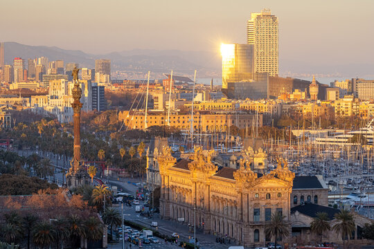 View of Barcelona with the Columbus Statue just before sunset