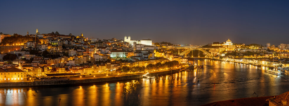 Panorama of Porto with the Douro river at night
