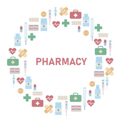 Round frame of pharmacy items