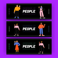 Obraz premium People ads banners with diverse male and female characters waving hand. Promo flyers with multinational happy friendly young men and women positive greeting gesturing Line art flat vector illustration