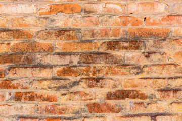 Background of old vintage dirty brick wall with peeling plaster and paint