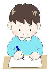 正しい姿勢で机に向かい鉛筆で字を書く男の子（カラー）