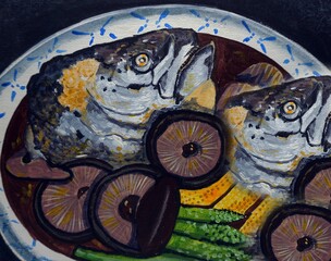 Art painting Acrylic color Realistic Food from Thailand , Steamed Salmon Head with Soy Sauce