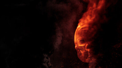 Burning red skull with fire bg with empty space - war concept - abstract 3D illustration