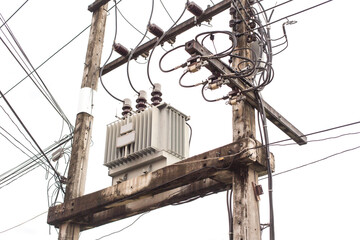 AC high-voltage power transformer. Electrical energy transfer to end users through distribution...