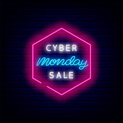 Cyber monday sale neon emblem. Hexagon frame. Luminous sign. Outer glowing effect logo. Vector stock illustration