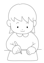 正しい姿勢で机に向かい鉛筆で字を書く女の子（モノクロ・白黒・線画のみ）
