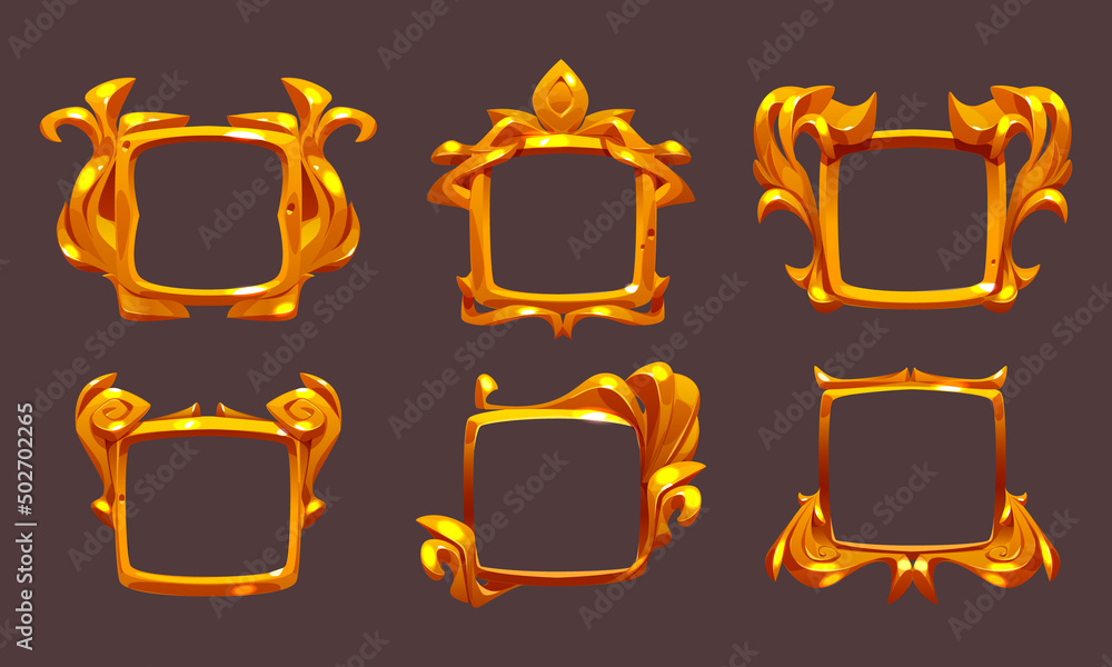 Poster square ui game frames, gold textured ornate rims with medieval decor. cartoon empty level borders, i