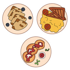 Vector set with breakfasts on circle plates. 