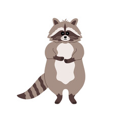 Cute funny raccoon standing on the hind legs. Hand drawn color vector illustration isolated on white background. Modern flat cartoon style.