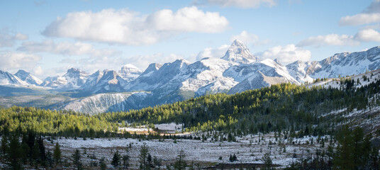 Beautiful alpine valley with mountains covered with fresh snow, Mt Assiniboine Pr. Park, Canada