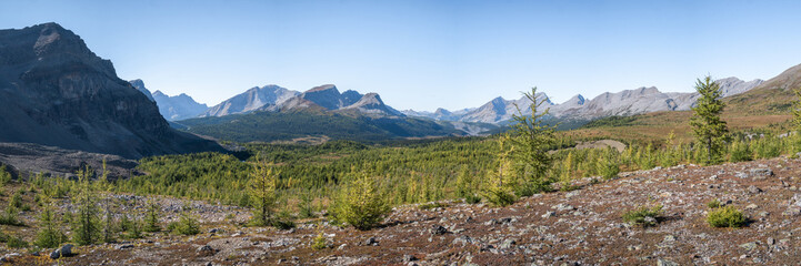 Panoramic view on beautiful alpine pass surrounded with mountains, Mt Assiniboine PP, Canada