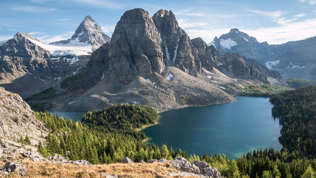 Beautiful alpine vista with view on mountains and lake, Mt Assiniboine Provincial Park, Canada