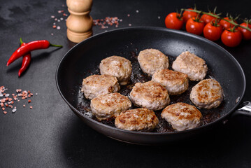 Delicious fresh fried minced meat patties on a dark concrete background