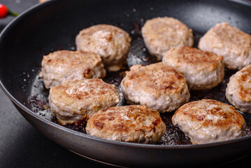 Delicious fresh fried minced meat patties on a dark concrete background