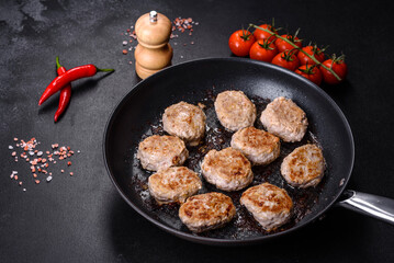 Delicious fresh fried minced meat patties on a dark concrete background