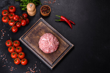 Ground meat with ingredients for cooking on black background