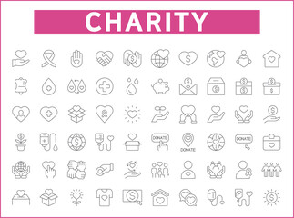 Set of Charity and Donation icons line style. It contains such Icons as blood, heart, save world, love, cross, ribbon, care, volunteer, fund, donor and other elements. - obrazy, fototapety, plakaty