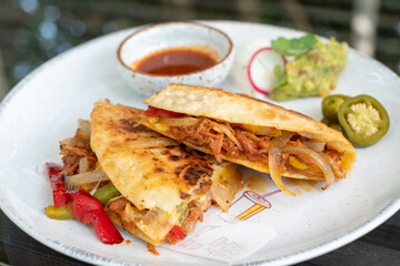Smoked Pork Quesadilla ,Home Made Grilled Flour Tortilla Filled with 8 hours  Home Smoked Pork