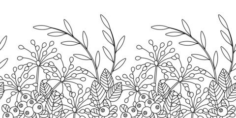 Summer Nature seamless border. Hand drawn coloring page for adult. Vector illustration