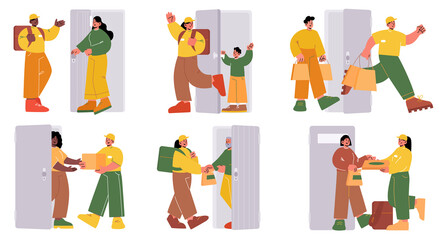 Set of courier characters deliver parcels to clients door. Shipping service worker with grocery, food, carton box, pizza or paper bags bringing order to customers home, Linear flat vector illustration