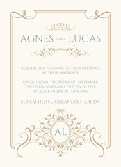 Classic wedding invitation. Frame with calligraphic elements, floral border and oval monogram. Card template for greeting card, certificate, invitation, menu.