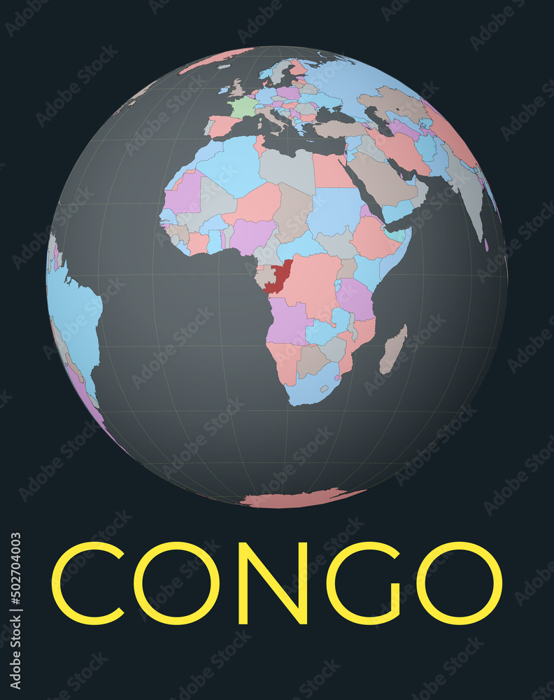 Poster world map centered to congo. red country highlighted. satellite world view centered to country with 