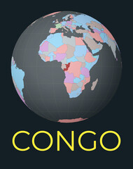 World map centered to Congo. Red country highlighted. Satellite world view centered to country with name. Vector Illustration.