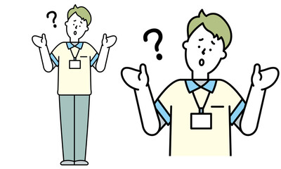 首を傾げてWhy?のポーズをするユニフォームを着た男性の介護士の全身イラスト素材。