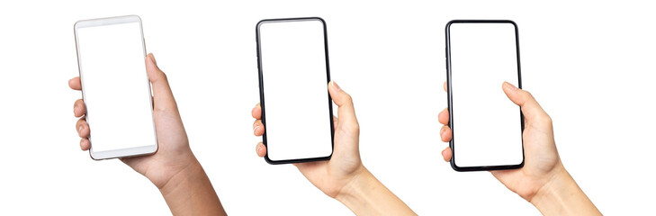 Hand young woman holding mobile smartphone with blank screen isolated on white background with clipping path