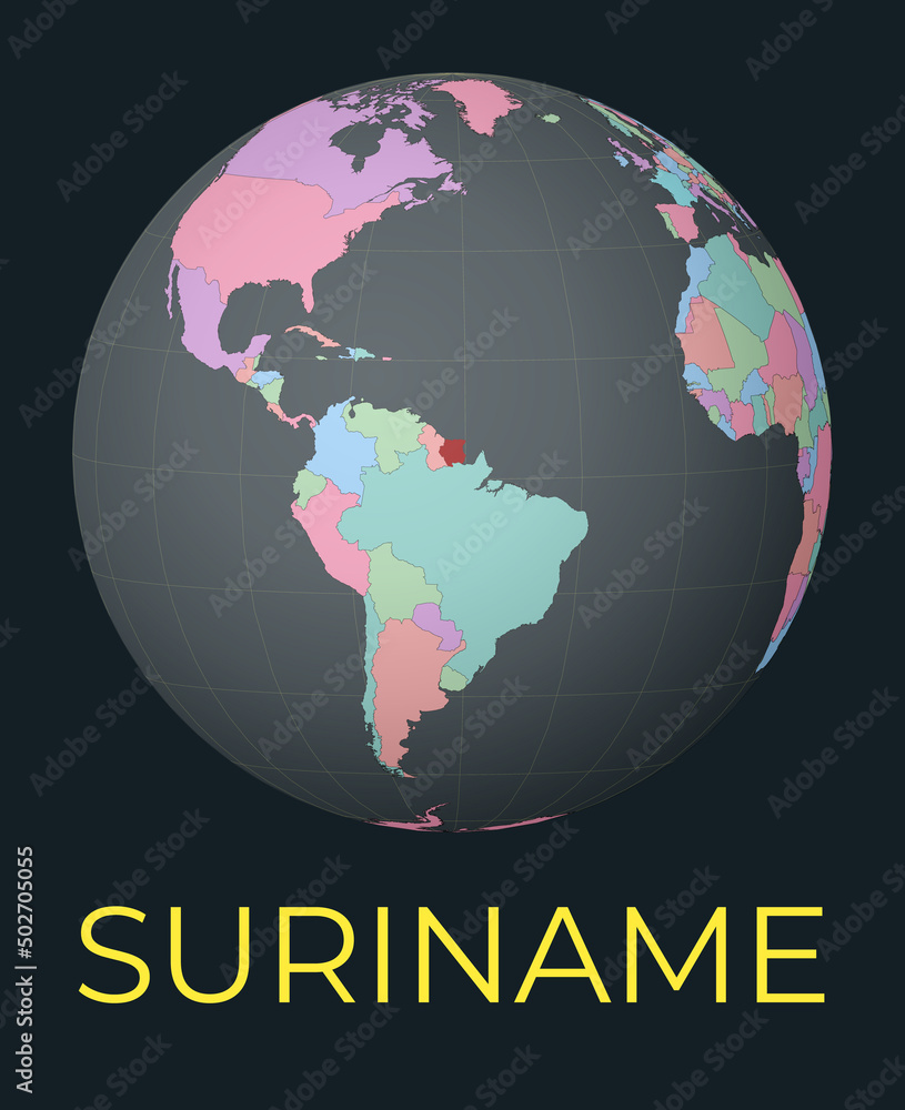 Poster world map centered to suriname. red country highlighted. satellite world view centered to country wi
