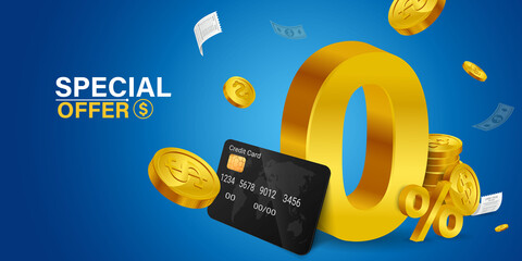 Golden zero percent or 0 % special Offer.Special 0% offer with credit card in front. all on a blue background.
Special offers, discounts on payments with coins floating around.