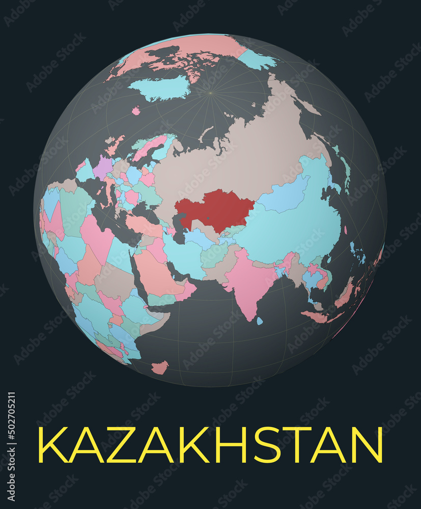 Poster world map centered to kazakhstan. red country highlighted. satellite world view centered to country 