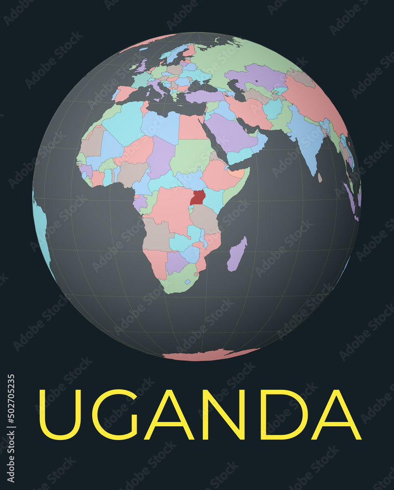 Poster world map centered to uganda. red country highlighted. satellite world view centered to country with