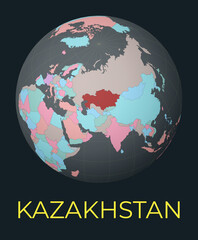 World map centered to Kazakhstan. Red country highlighted. Satellite world view centered to country with name. Vector Illustration.
